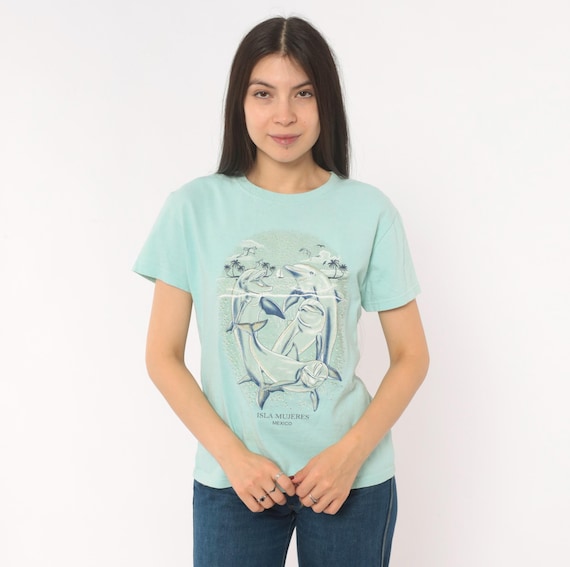 Dolphin Graphic Tee Isla Mujeres Mexico Souvenir Mint Green Short Sleeve Beach Vacation Travel Tourist Animal Blue Vintage Top Large L