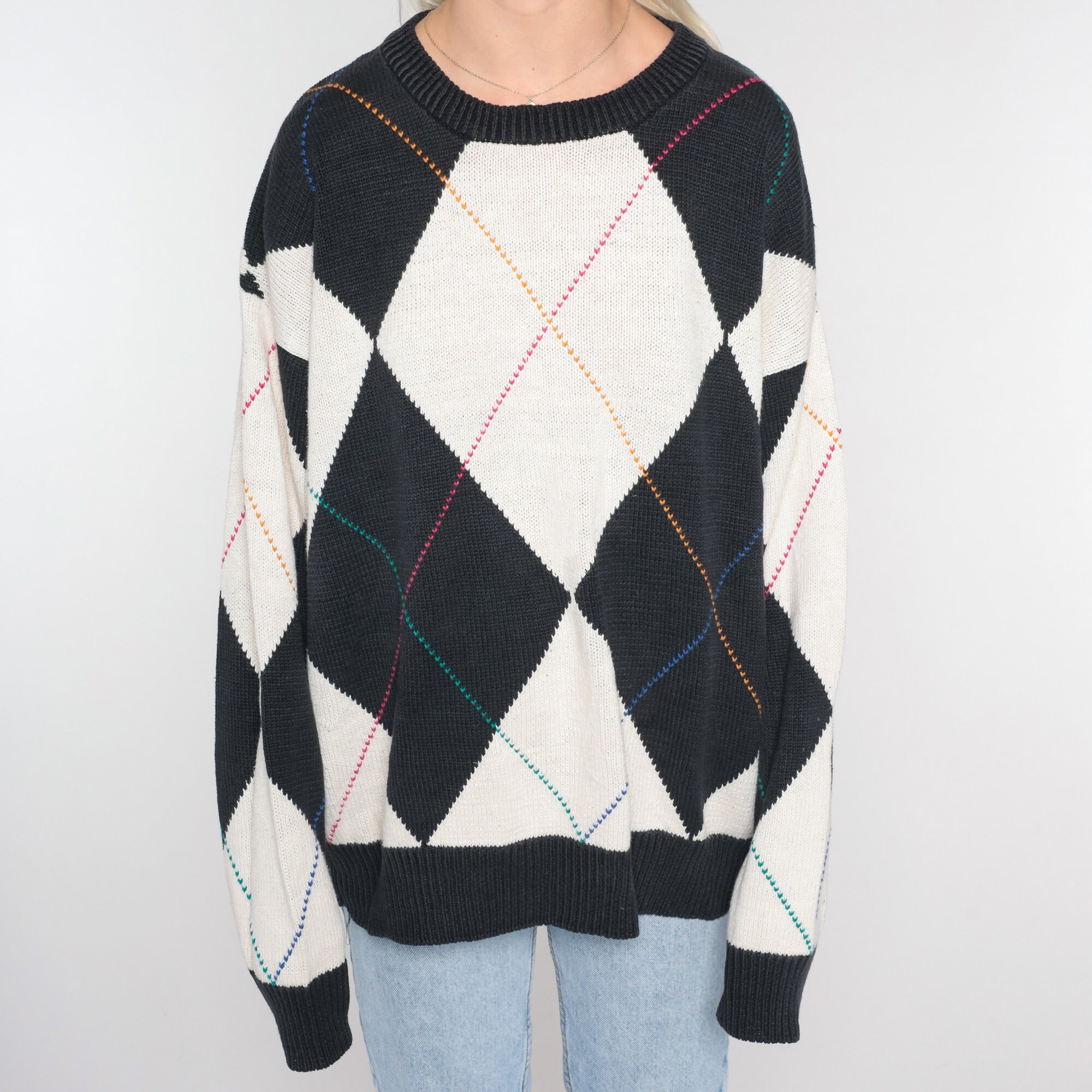 90s Argyle Sweater Black White Checkered Pullover Sweater Harlequin