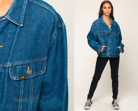 80s Jean Jacket LEE Denim Jacket Blue Stone Wash Oversize Trucker 1980s Vintage Biker Oversized Button Up Trucker Hipster Extra Large xl