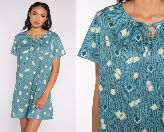 Mod Mini Dress 70s Geometric Print Boho Hippie Gogo Minidress Keyhole Blue Shift Short Sleeve Vintage 1970s Twiggy Go Go Extra Large xl