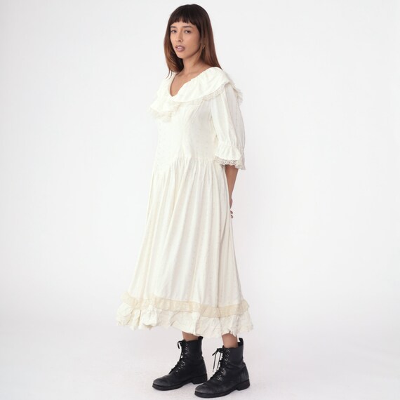 70s Prairie Dress Cream Eyelet Lace Maxi Dress Ru… - image 5