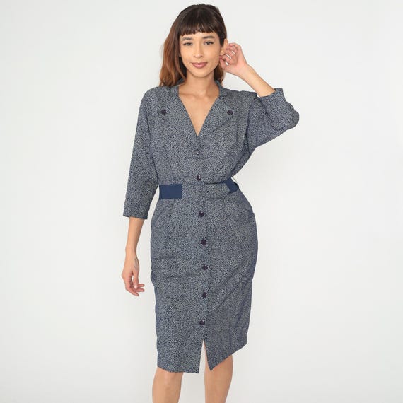 90s Gray Midi Dress V Neck Belted Office Work Professional Secretary Business Corporate Vintage Small Speckled Pattern Mad Men Medium M