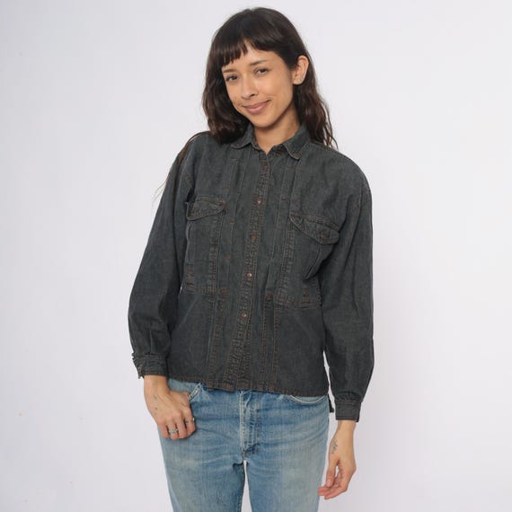 90s Gray Denim Shirt Jacket Button Front Charcoal Chest Pockets Cotton Shacket Dark Wash Collared Vintage Workwear Casual Minimalist Small S