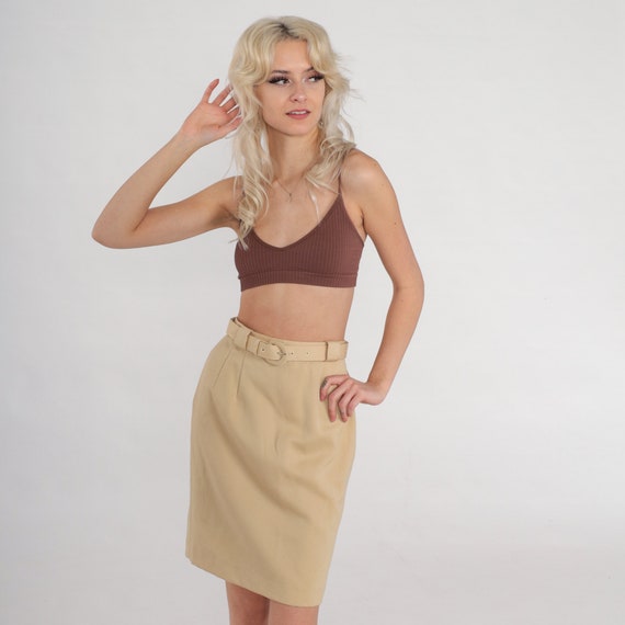 Tan Pencil Skirt 80s Wool Mini Skirt High Waisted Wiggle Belted Retro Office Secretary Simple Plain Minimalist Vintage 1980s 2xs xxs
