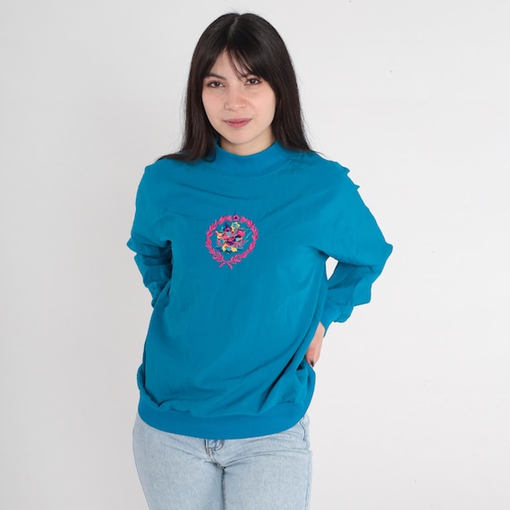 Embroidered Flower Shirt 90s Blue Floral Sweatshirt Mockneck Pullover Bouquet Mock Neck Sweater Raglan Sleeve Vintage 1990s Medium M