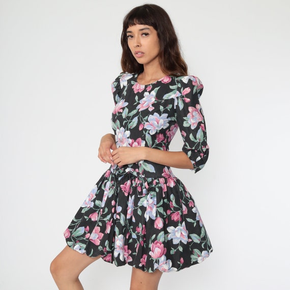 Black Floral Dress 80s Mini Puff Sleeve Skater Full Skirt Drop Waist 1980s Grunge Boho Summer Vintage Rink Hipster Rose Print Small Medium