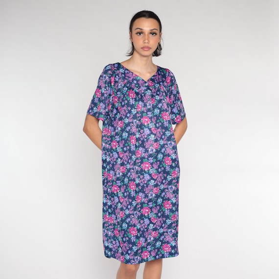 Floral Tent Dress 90s Mini Dress Purple Flower Print Lounge Dress Retro Short Sleeve Loose Casual Day Sleepwear Pink Vintage 1990s 2xl xxl