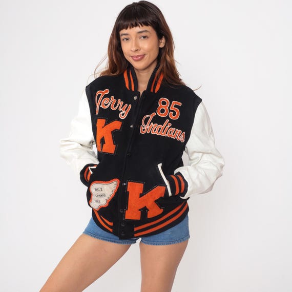 80s Varsity Jacket Letterman Terry Indians Black Orange Wool Leather Sleeve Champion Patch 1983 Sports Team High School Vintage Small S