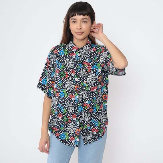 90s Button Up Shirt Black Floral Polka Dot Print Blouse Retro Grunge Rayon Summer Top Short Sleeve Statement 1990s Vintage Large L