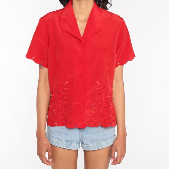 Embroidered Floral Shirt Cut Out Top 80s Red Blou… - image 6
