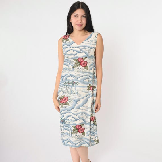 Big Dogs Dress Tropical Floral Dress Rayon Beach Dress Palm Tree Midi Sleeveless Sundress Hippie V Neck Vintage White Blue Large