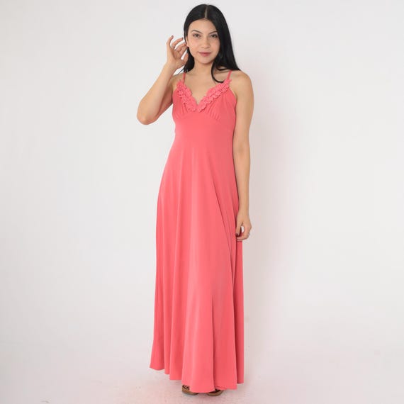 70s Pink Grecian Dress 1970s Floral Lace Trim Disco Maxi Party Long Empire Waist Coral Prom Spaghetti Strap Dress Vintage Extra Small xs