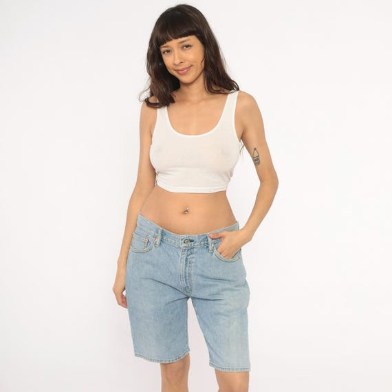 Light Wash Denim Shorts 2000s Jean Bermuda Knee Length Low Rise Button Fly Five Pocket Faded Blue Cotton Summer Casual Jort Vintage 34