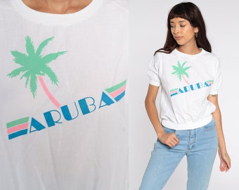 Aruba Shirt 80s Tropical Shirt Palm Tree Tshirt Slouchy Graphic T Shirt Vintage 1980s Beach White Neon Small S