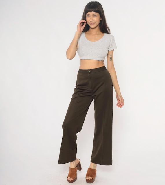 70s High Waisted Pants Chocolate Brown Straight Leg Trousers Dark Academia Minimalist Vintage Preppy Office Workwear Tailored Casual Medium