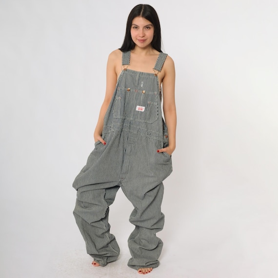 Y2K Roundhouse Overalls Railroad Stripe Blue White Cotton Workwear Dungarees Jumpsuit Engineer Train Conductor Baggy Relaxed Utility XL 2XL