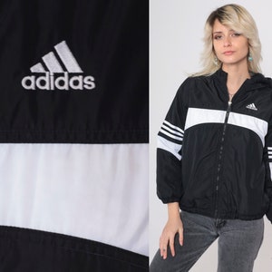Adidas Hooded Jacket -- 90s Black White Striped Hood Insulated Windbreaker Coat Nylon Sports Vintage 1990s Streetwear Hoodie Youth Medium