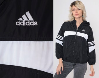 Adidas Hooded Jacket -- 90s Black White Striped Hood Insulated Windbreaker Coat Nylon Sports Vintage 1990s Streetwear Hoodie Youth Medium