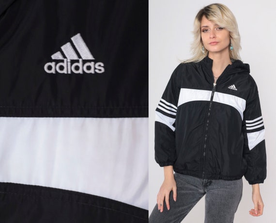 Adidas Hooded Jacket -- 90s Black White Striped Hood Insulated Windbreaker Coat Nylon Sports Vintage 1990s Streetwear Hoodie Youth Medium