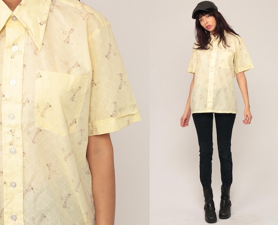Golf Shirt 70s Disco Top Boho 1970s Yellow Novelty Print Vintage Collar Button Up Short Sleeve Medium