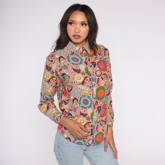 Psychedelic Print Shirt Colorful Button Down Y2K Paisley Swirl Pattern Beige Long Sleeve Cotton Festival Hippie Boho Mandala Art Small S 6
