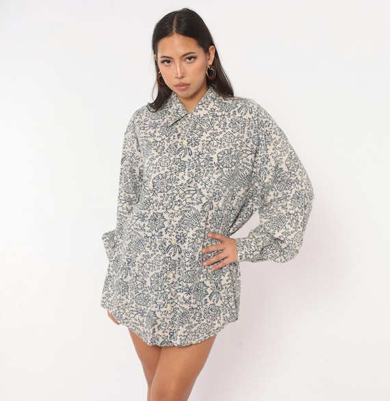90s Banana Republic Floral Print Shirt White Navy Blue Cotton Button Front Long Sleeve Boxy Summer Vacation Boyfriend Womens Extra Large XL