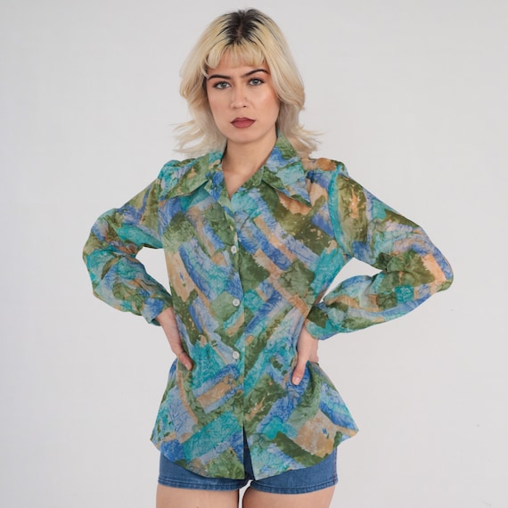 Vintage 70s Blouse Sheer Abstract Print Button Up Shirt Dagger Collar Blue Green Geometric Top Retro Statement Long Sleeve 1970s Small S