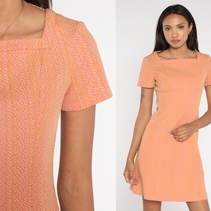 Jaren '60 Mod Mini Jurk Oranje Gestreepte Dot Jurk Shift Jurk Twiggy 70s Vintage Go Go Korte Mouw Space Age Gogo Minidress Small