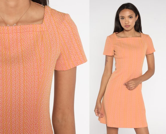 60s Mod Mini Dress Orange Striped Dot Dress Shift Dress Twiggy 70s Vintage Go Go Short Sleeve Space Age Gogo Minidress Small
