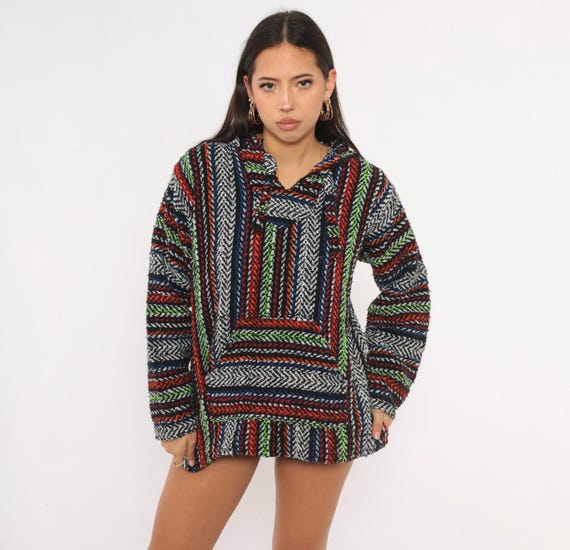 90s Baja Hoodie Drug Rug Mexican Striped Black White Rainbow Neon Green Red Blue Kangaroo Pocket Earth Ragz Long Sleeve Surf Skate Small S