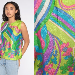 Floral Tank Top 80s Psychedelic Blouse Bohemian Shirt Hippie Vintage Shirt 1980s Boho Shiny Neon Lime Green Top Medium image 1