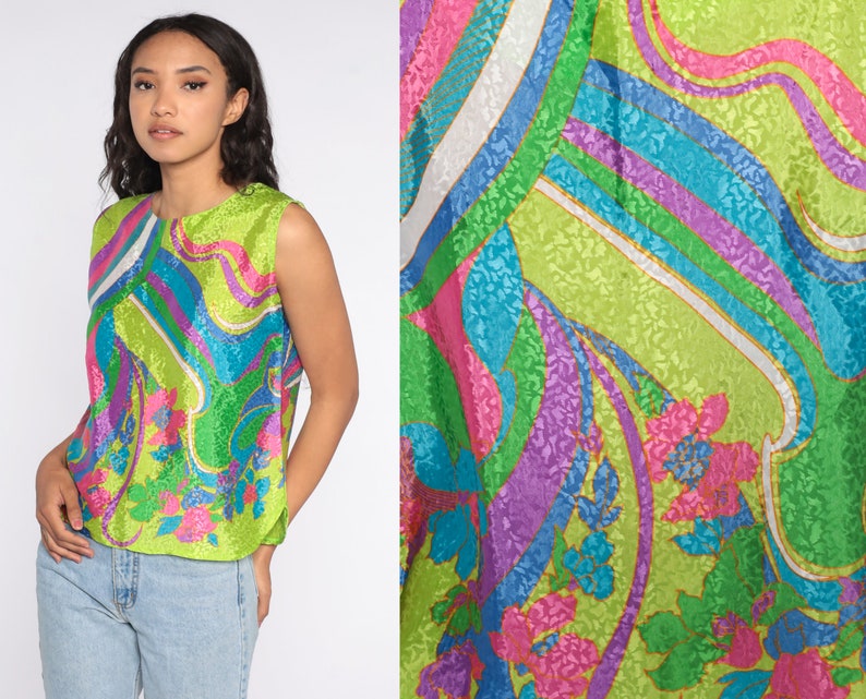 Floral Tank Top 80s Psychedelic Blouse Bohemian Shirt Hippie Vintage Shirt 1980s Boho Shiny Neon Lime Green Top Medium image 1