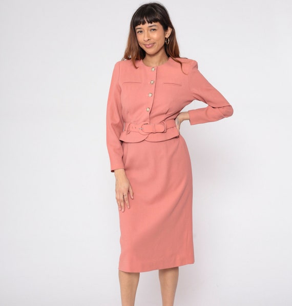 Pink Secretary Dress 80s Twofer Attached Jacket Dress Midi Button Up Shirtwaist Long Sleeve High Waisted Belt Vintage 1980s Small 6 Petite