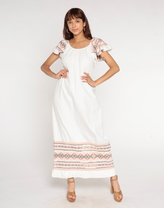 White Mexican Dress 90s Off Shoulder Peasant Flutter Sleeve Cottagecore Cotton Bohemian Maxi Dress Southwestern Aztec Vintage 1990s Medium