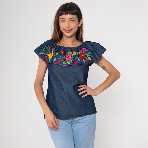 Chambray Mexican Blouse Peasant Embroidered Top Hippie Boho Off Shoulder Tunic Bohemian Floral Vintage Dark Blue Smock Tent Shirt Medium