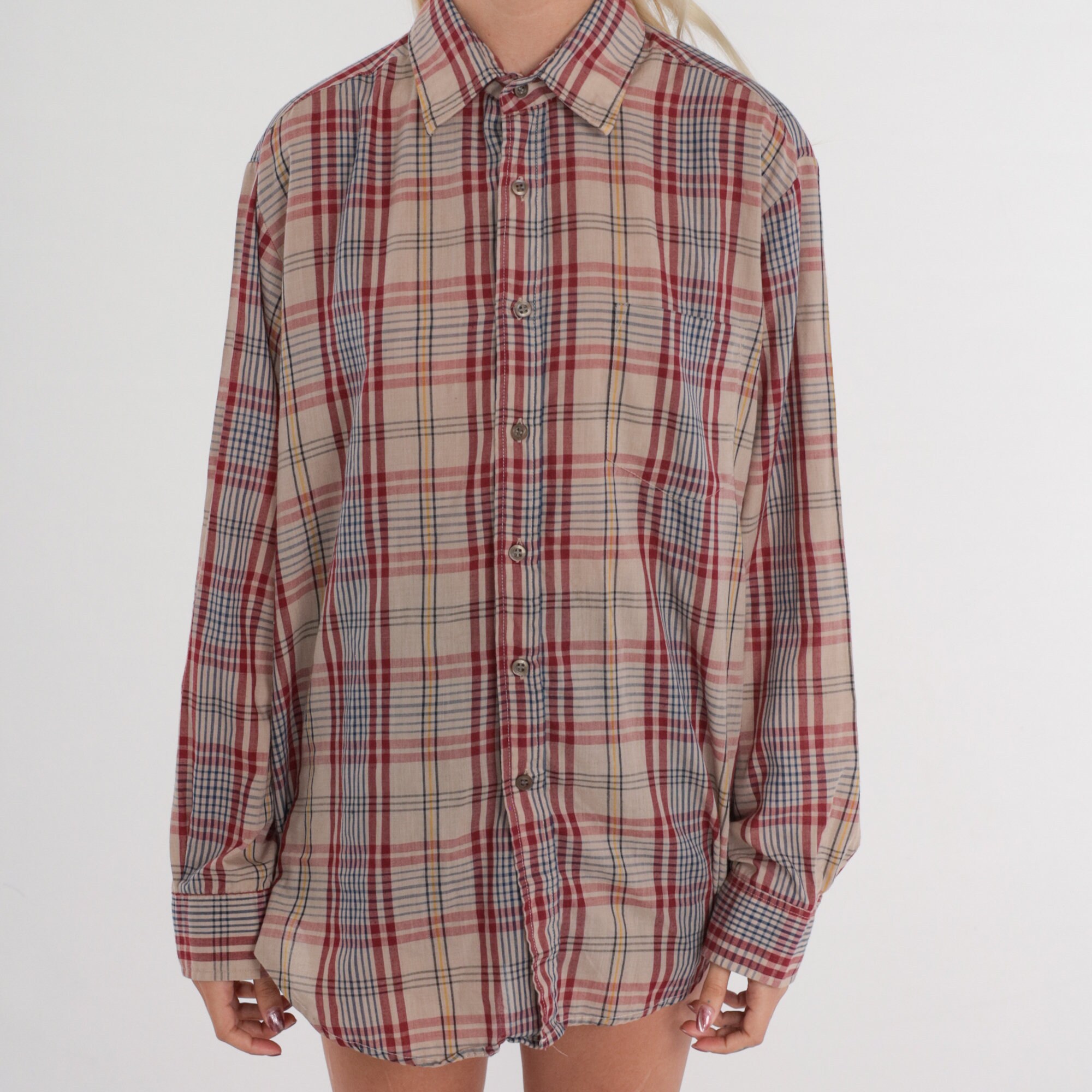 Tan Plaid Shirt 80s Button up Shirt Retro Collared Long Sleeve ...