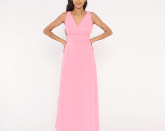 Vestido largo rosa de los años 70, color chicle, escote en V, sin mangas, cintura imperio, busto fruncido, corte en A, largo hasta los tobillos, rosa vintage Barbiecore Coquette, talla M