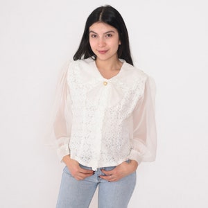 White Bow Blouse 90s Lace Top Sheer Puff Balloon Sleeve Collared Button up Shirt Long Sleeve Romantic Kawaii Darling Vintage 1990s Small S