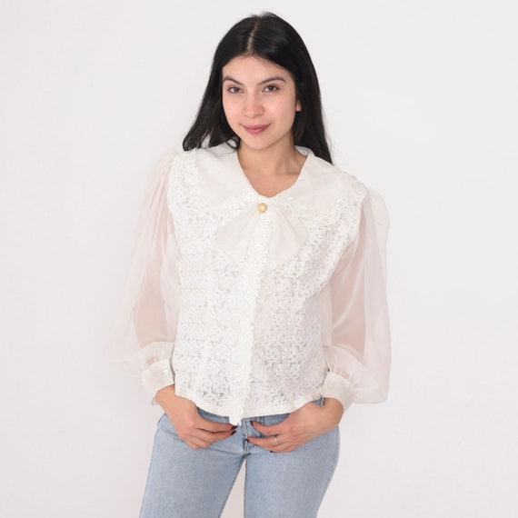 White Bow Blouse 90s Lace Top Sheer Puff Balloon Sleeve Collared Button up Shirt Long Sleeve Romantic Kawaii Darling Vintage 1990s Small S