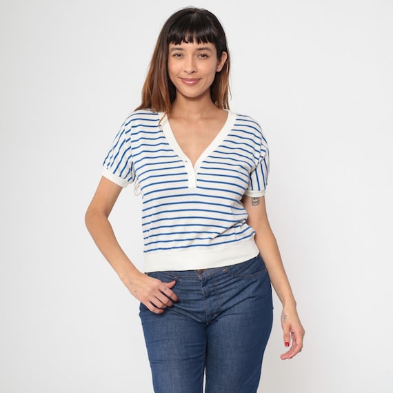 80s Striped Shirt White Blue Stripes Button Up V Neck Slouchy Short Sleeve Blouse Casual Basic Top Vintage 1980s Small S