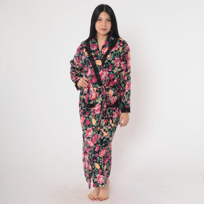 90s Victoria's Secret Robe Floral Dressing Gown Pink Black Lace Trim ...