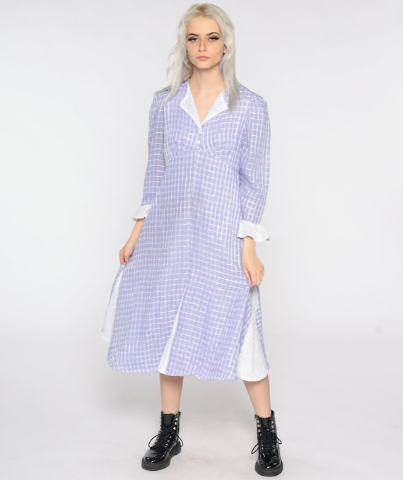 Purple Checkered Dress Puff Sleeve Cottagecore Dress 70s Empire Waist Plaid Dress Midi Vintage 80s Boho Pastel Lavender Small S