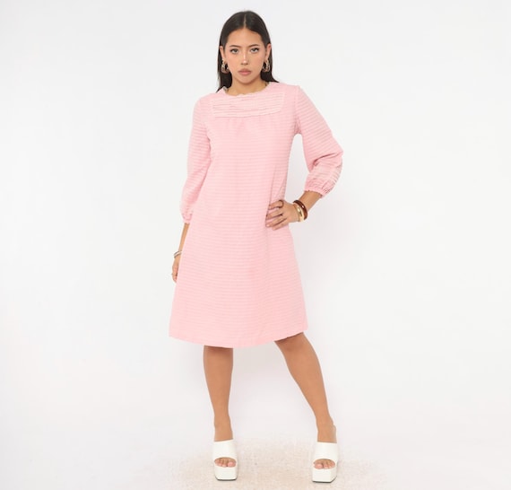 60s Pink Shift Dress Lace Trim Cotton Striped Texture Puff Sleeve A Line White Crochet Yoke Semi Sheer Pastel Coquette Vintage Medium M