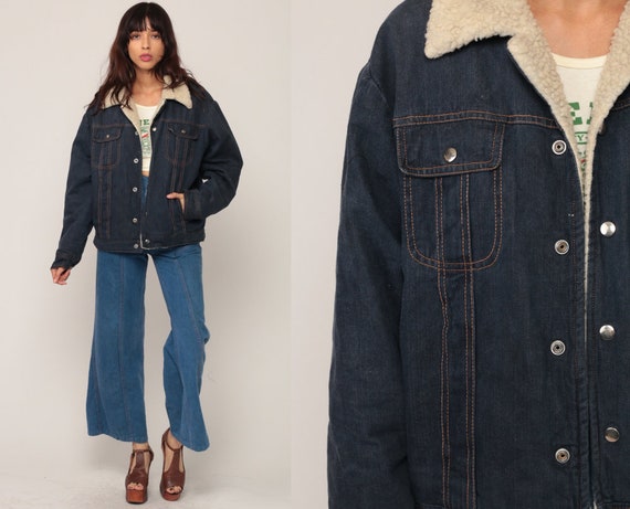 Denim SHERPA Jacket Shearling Denim Jacket 70s Jean Jacket Fleece Grunge Biker Coat Blue 1970s Vintage Hipster Vegan Warm Large