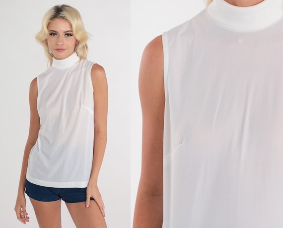 White Tank Top 80s Sheer Mock Neck Top Sleeveless Shirt Retro Basic Plain Blouse Mockneck Simple Minimalist Mod Vintage 1980s Small S