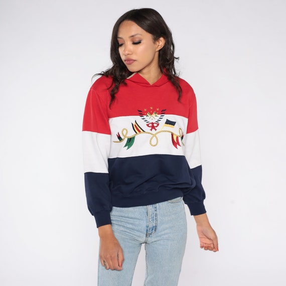 Nautical Flag Sweatshirt 90s Sailor Collared Sweatshirt Red White Navy Blue Striped Pullover Sailing Graphic Retro Vintage 1990s Small S