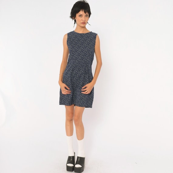 Y2K Ditsy Floral Shift Dress Navy Blue White Cotton Sleeveless Knee Length Boat Neck A Line Sundress Cottagecore Vintage Extra Small XS