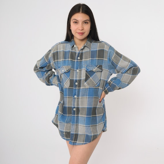 90s Flannel Shirt Montgomery Ward Blue Gray Black Plaid Button Front Long Sleeve Grunge Lumberjack Woodsy Outdoors Camping Style Large L