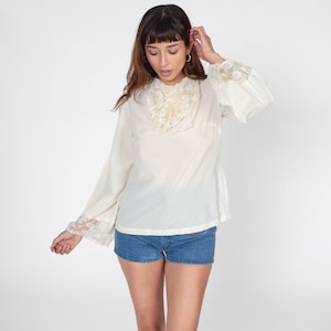 70s Ruffle Blouse Off-White Victorian Lace Shirt Tuxedo Shirt Boho Button Back Top Long Sleeve Romantic Bohemian Party Vintage 1970s Small
