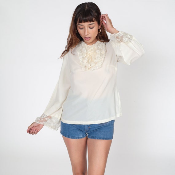70s Ruffle Blouse Off-White Victorian Lace Shirt … - image 2